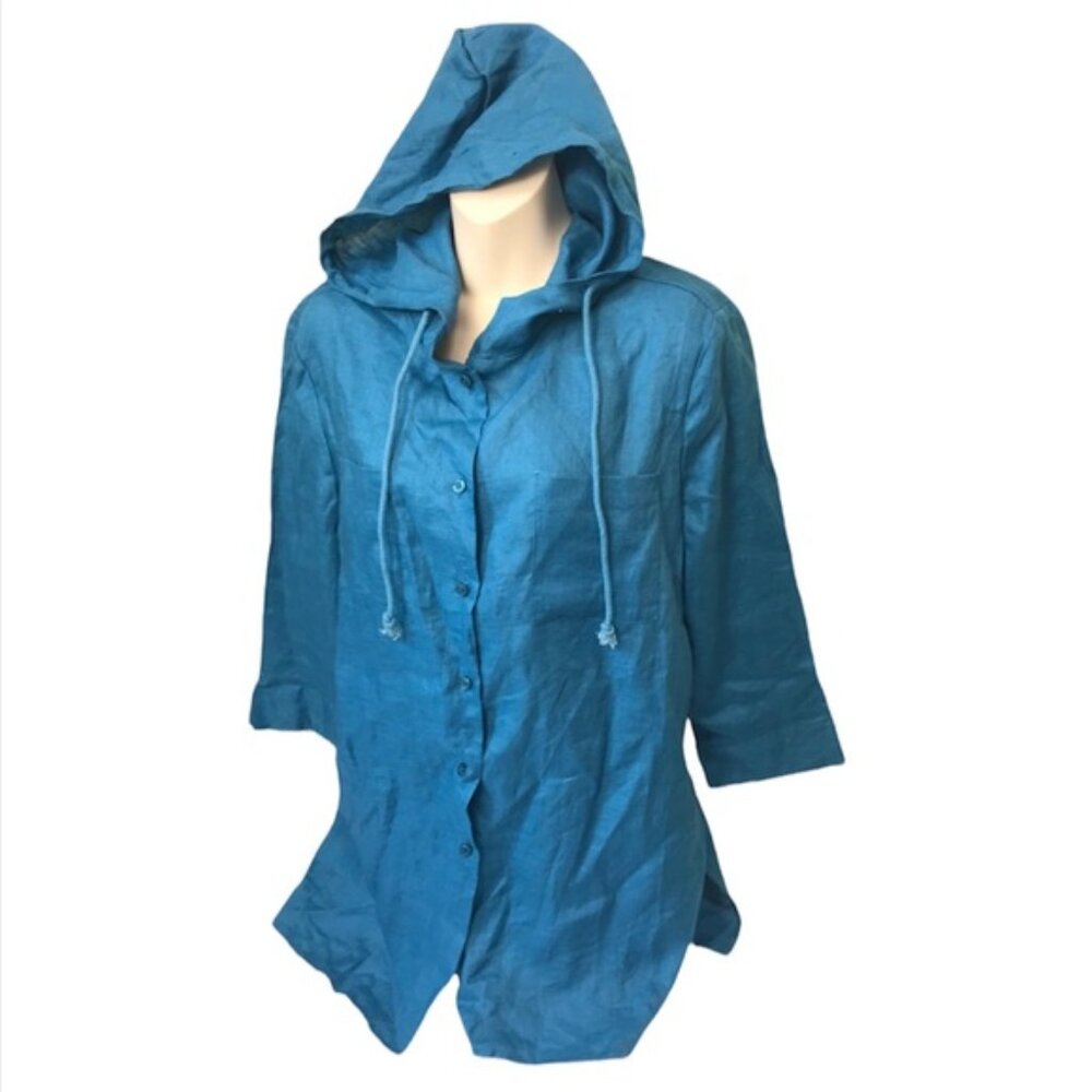 Alice Blue NEW Linen Shirt Hoodie Shirt Jacket Pockets Slits Button Minimalist L